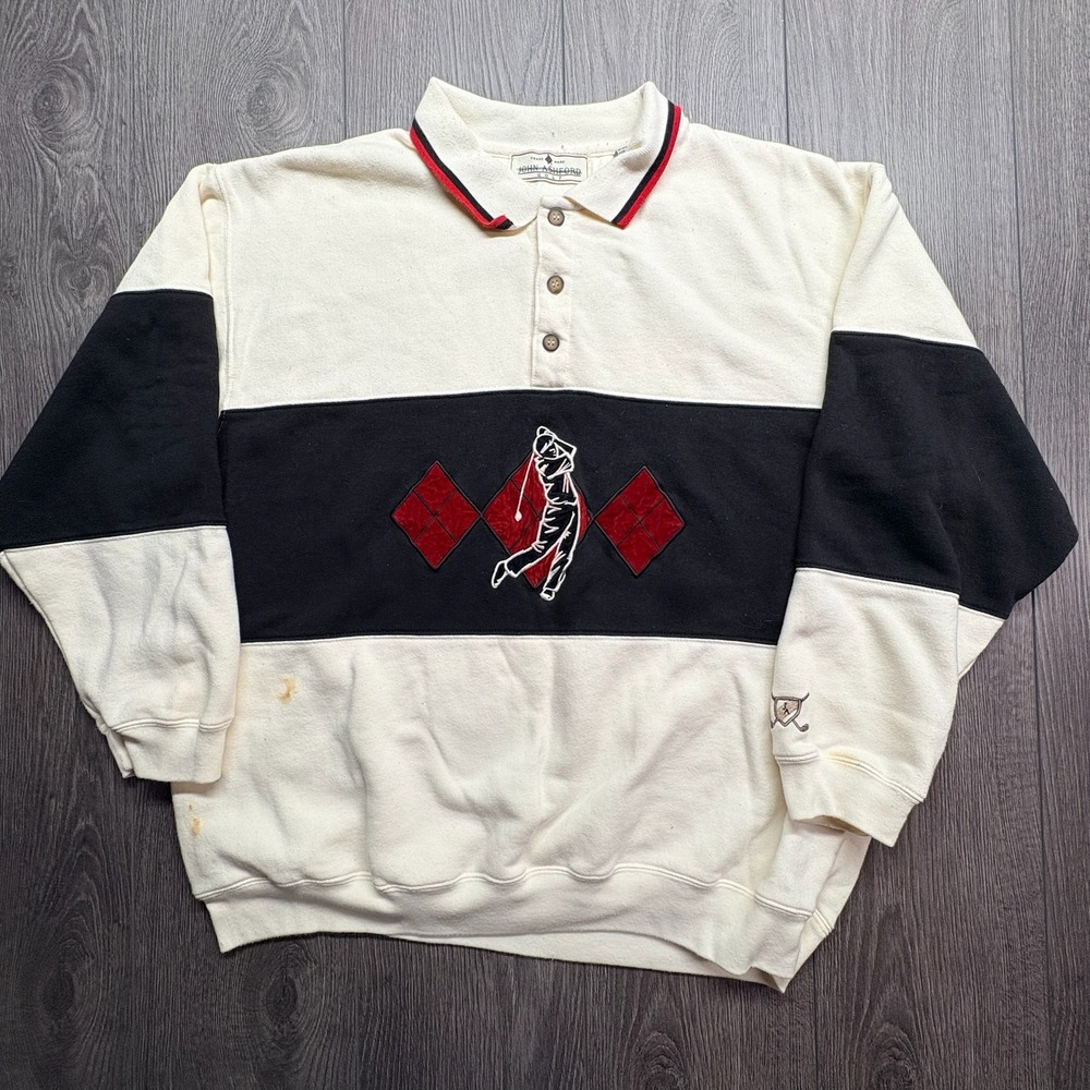 Vintage John Ashford Golf Sweatshirt Mens XL Cream Black Colorblock 90s Pullover